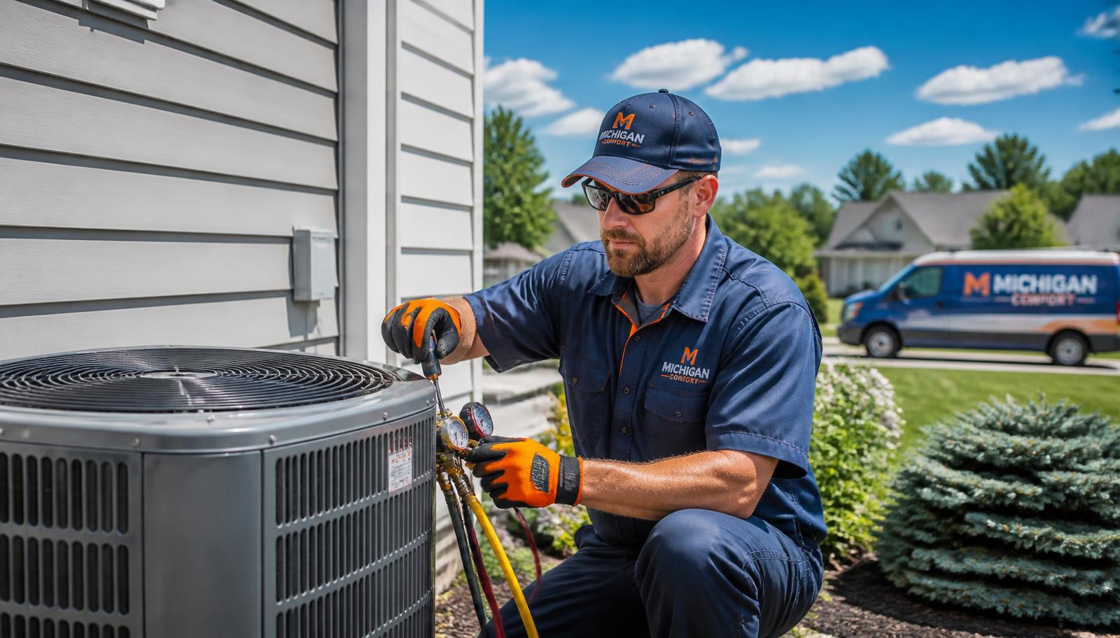 HVAC technician servicing a residential air conditioning unit